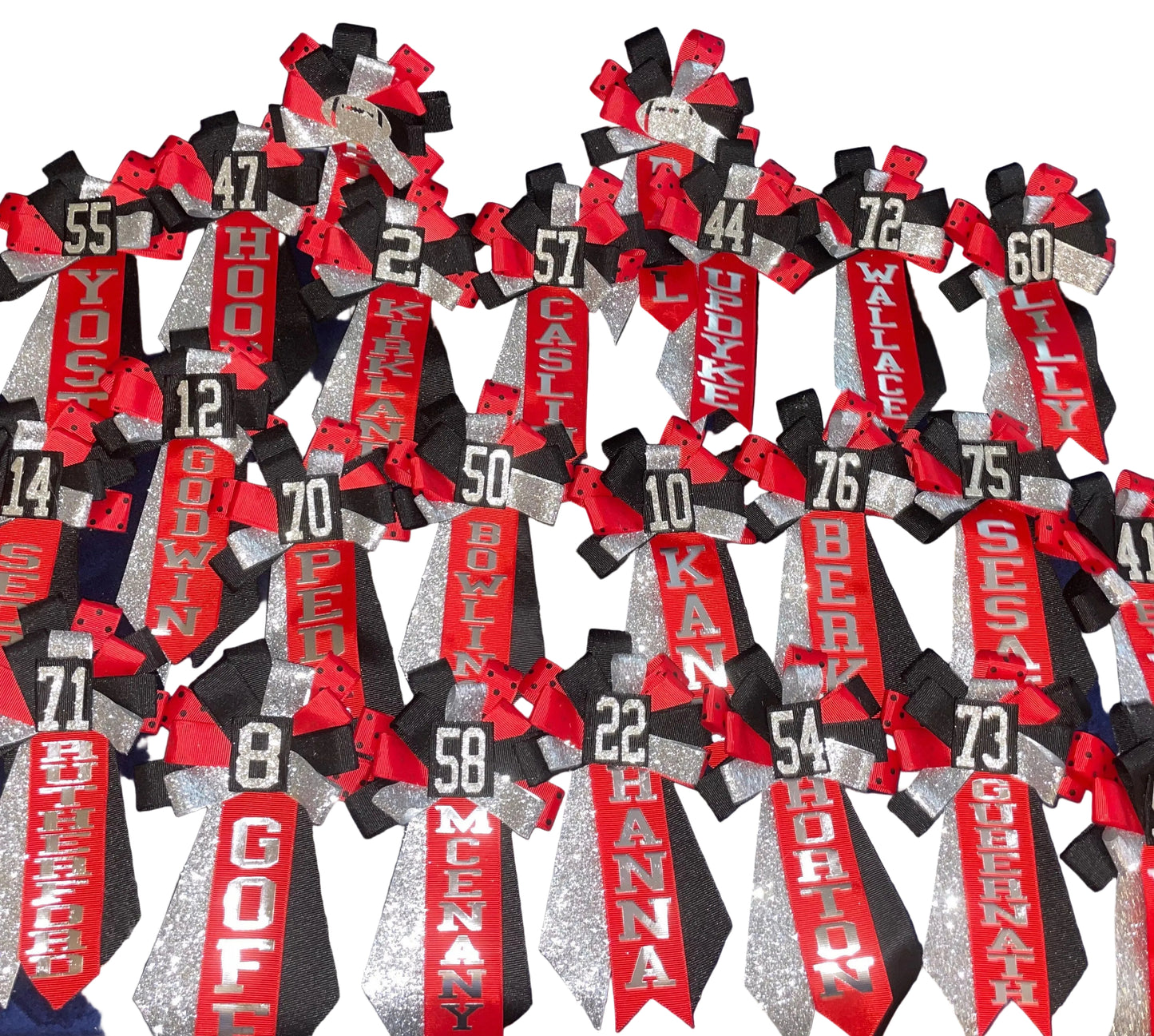 Custom number ribbon corsages.