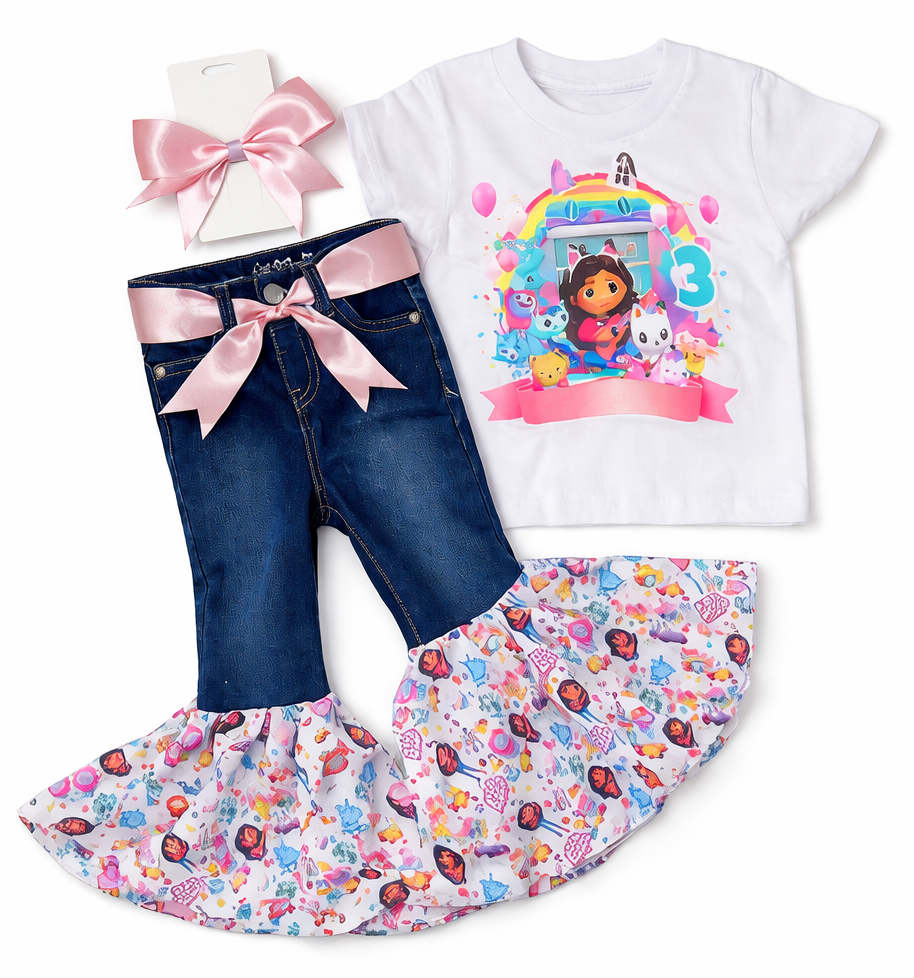 Children's outfit with t-shirt, leggings, and skirt featuring a cartoon character on a white background