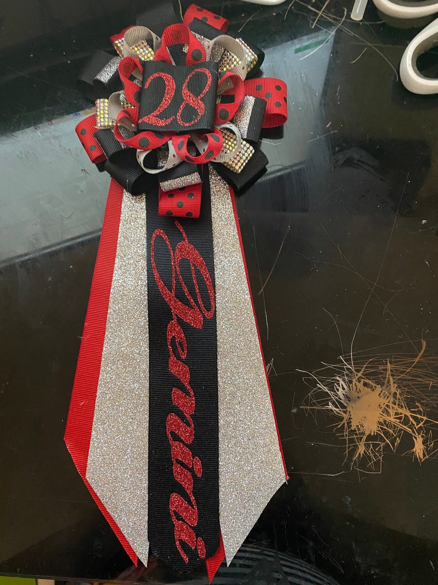 Custom number ribbon corsages.