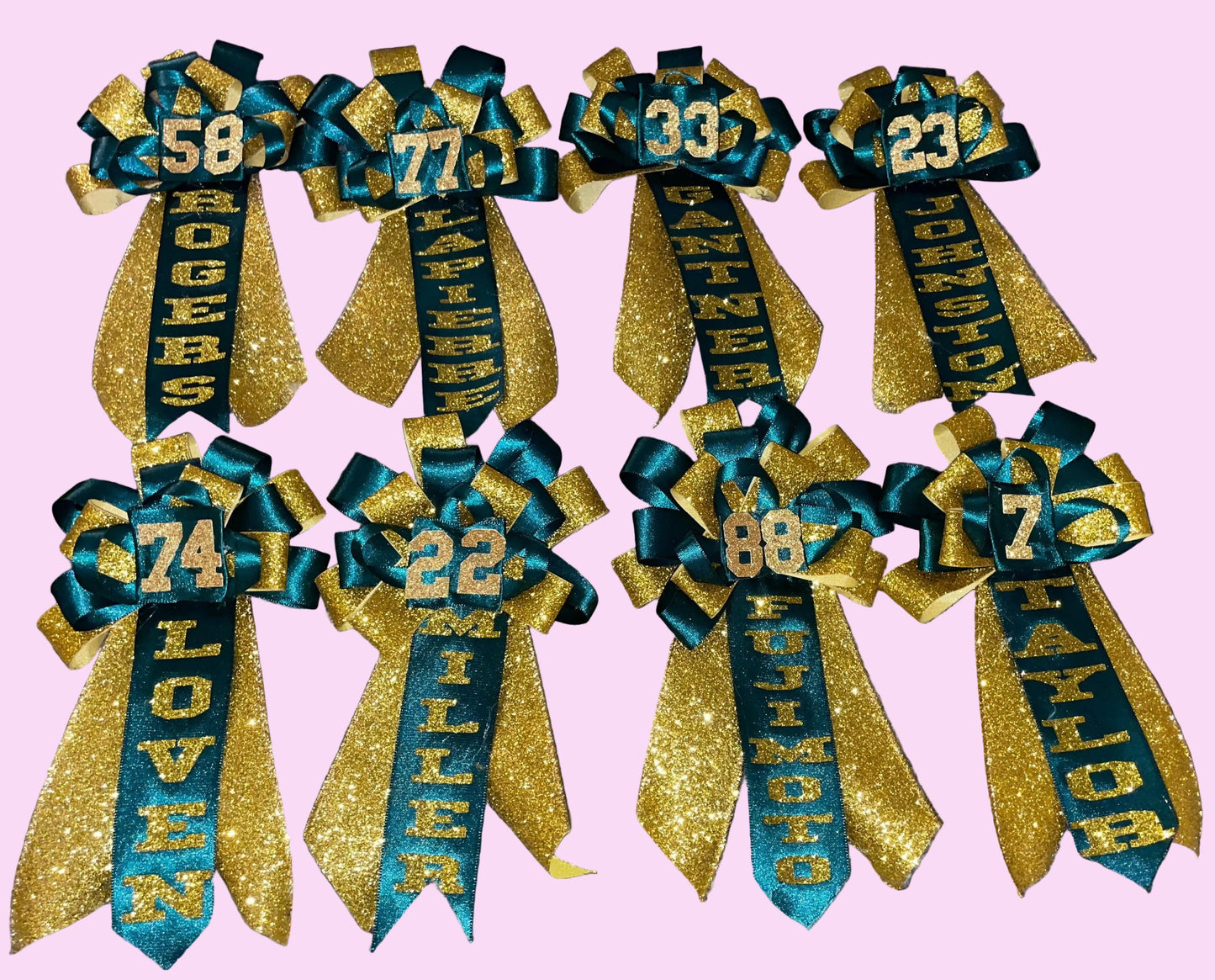 Custom number ribbon corsages.