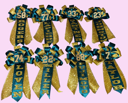 Custom number ribbon corsages.
