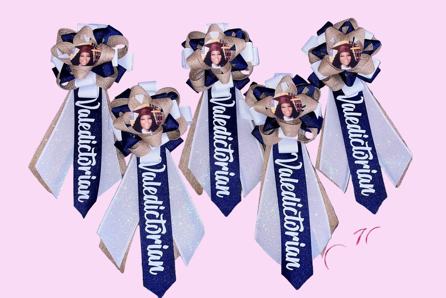 Custom picture ribbon corsages.