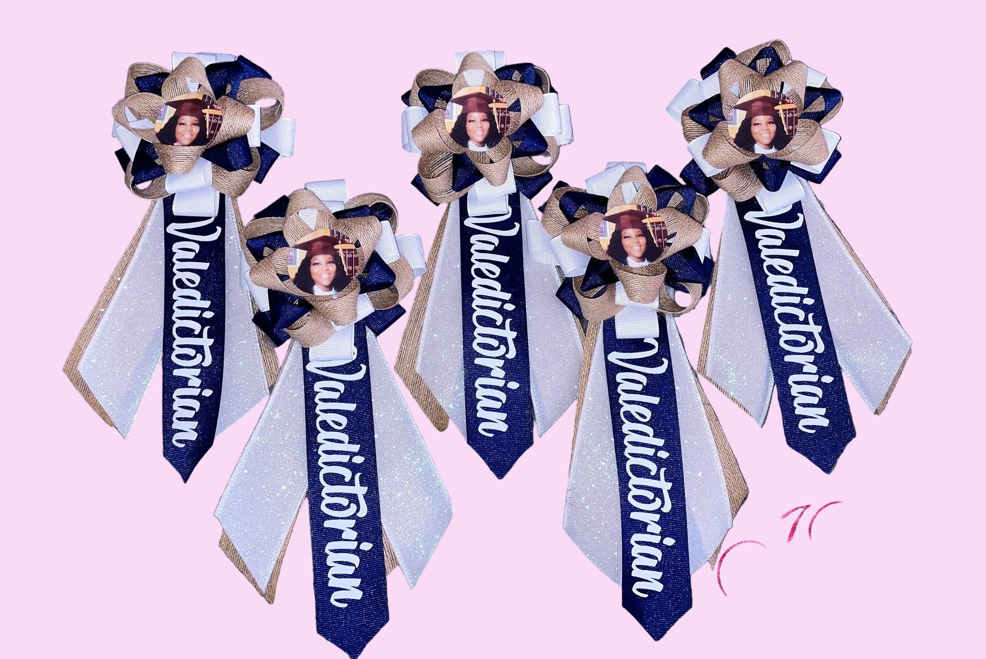 Custom picture ribbon corsages.